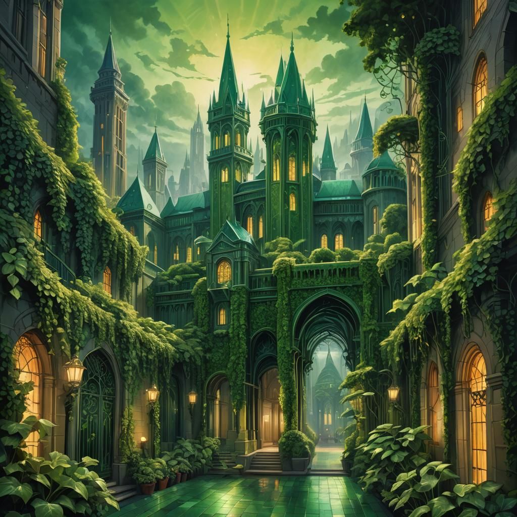 Emerald City's Royal Palace at Dawn, in Oil Painting Style