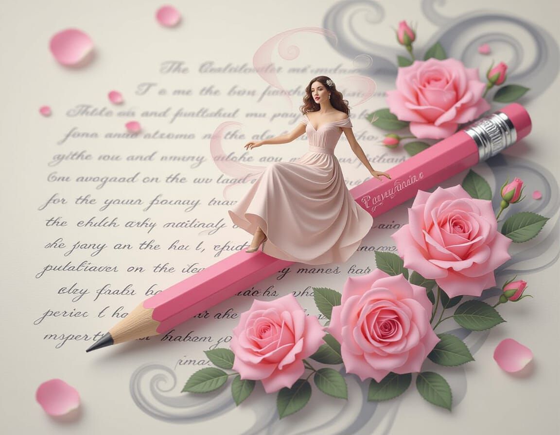 Magical Realism Illustration: Pink Pencil and Ethereal Woman