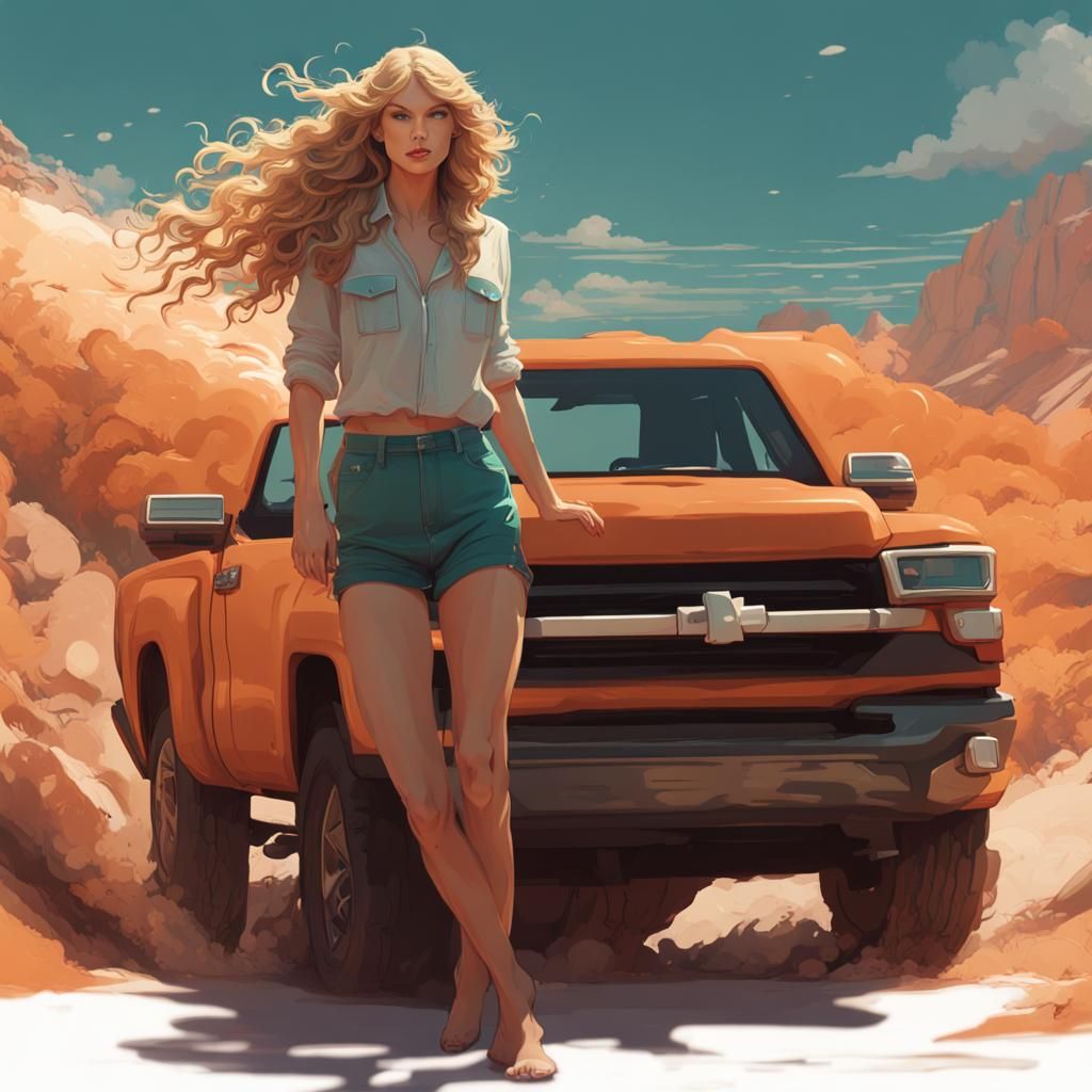 Taylor Swift in a Vibrant Pickup Truck Scene, in a Style Ins...