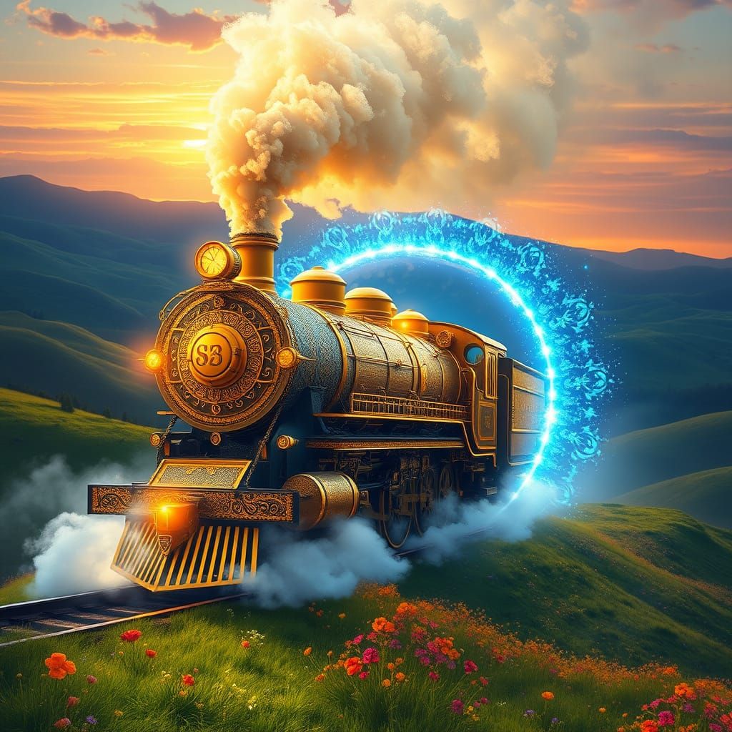 Majestic Golden Train Chugs Through Shimmering Portal in Whi...