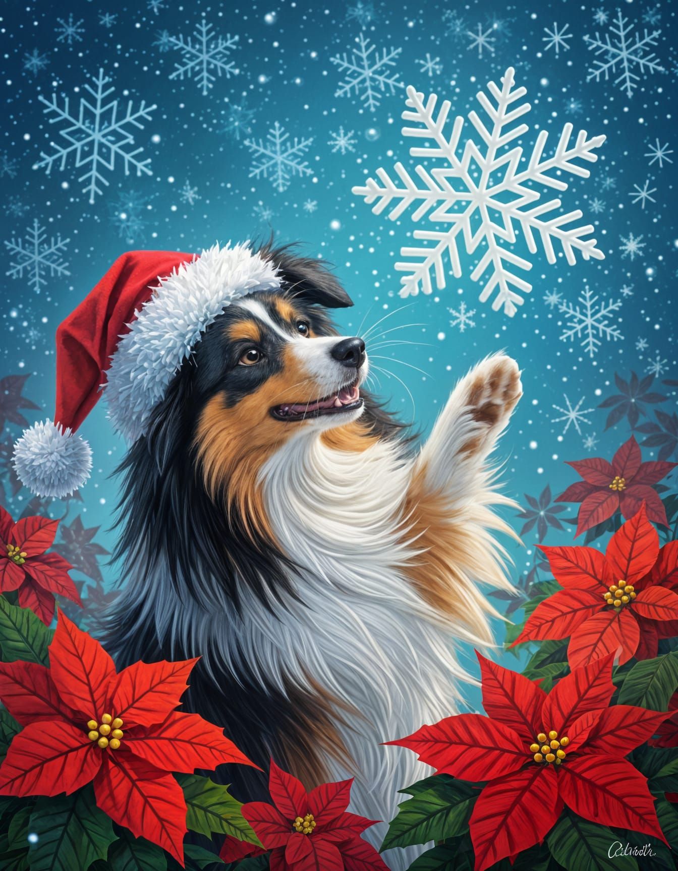 Sable Sheltie Dog Plays with Snowflake in Flower Explosion