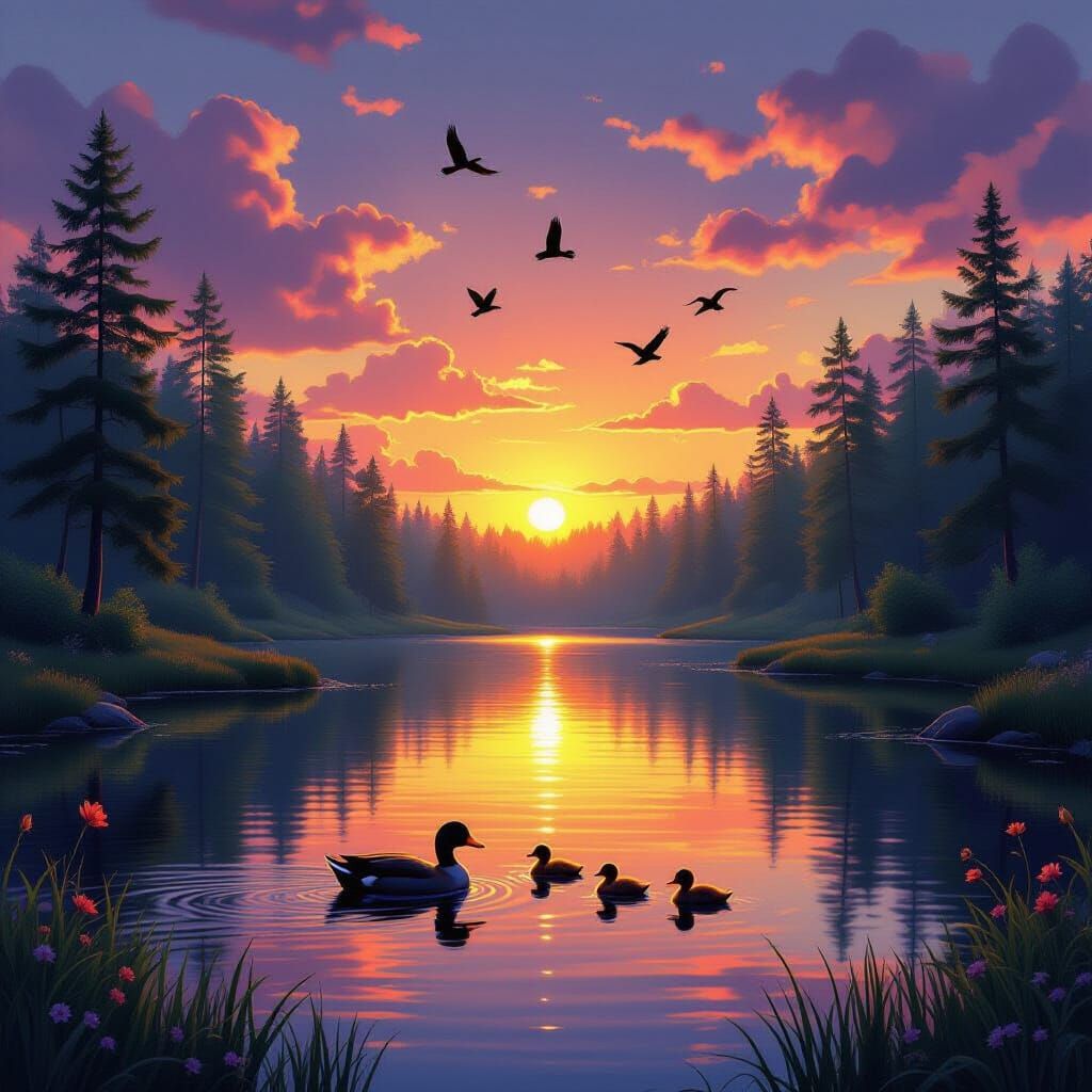 Serene Forest Sunset Over Glistening Lake