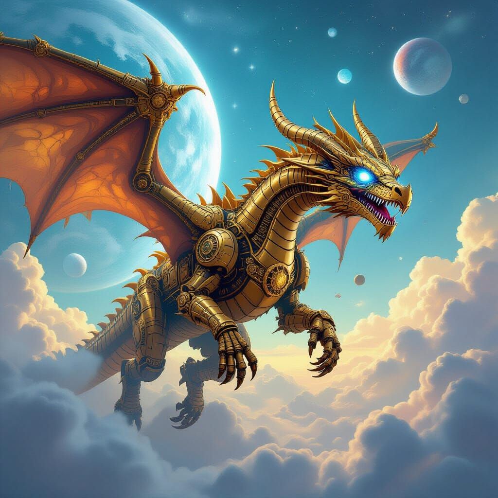 Steampunk Mechanical Dragon Soars Through Cosmic Sky