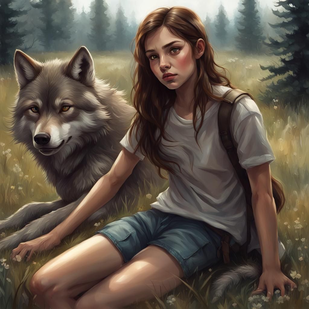 Girl Connects with Loyal Wolf Companion in Vibrant Meadow Sc...