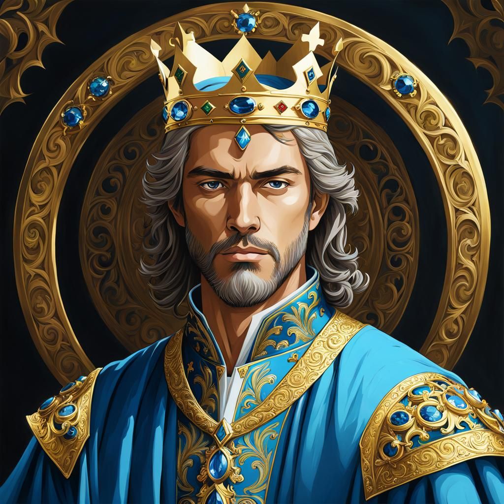 Medieval King in Blue and Gold Regalia