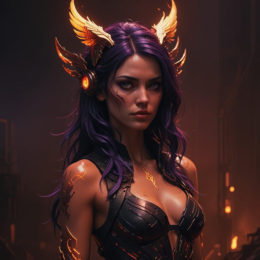 Cyberpunk Goddess Infernia Shines with Red Skin and Golden E...