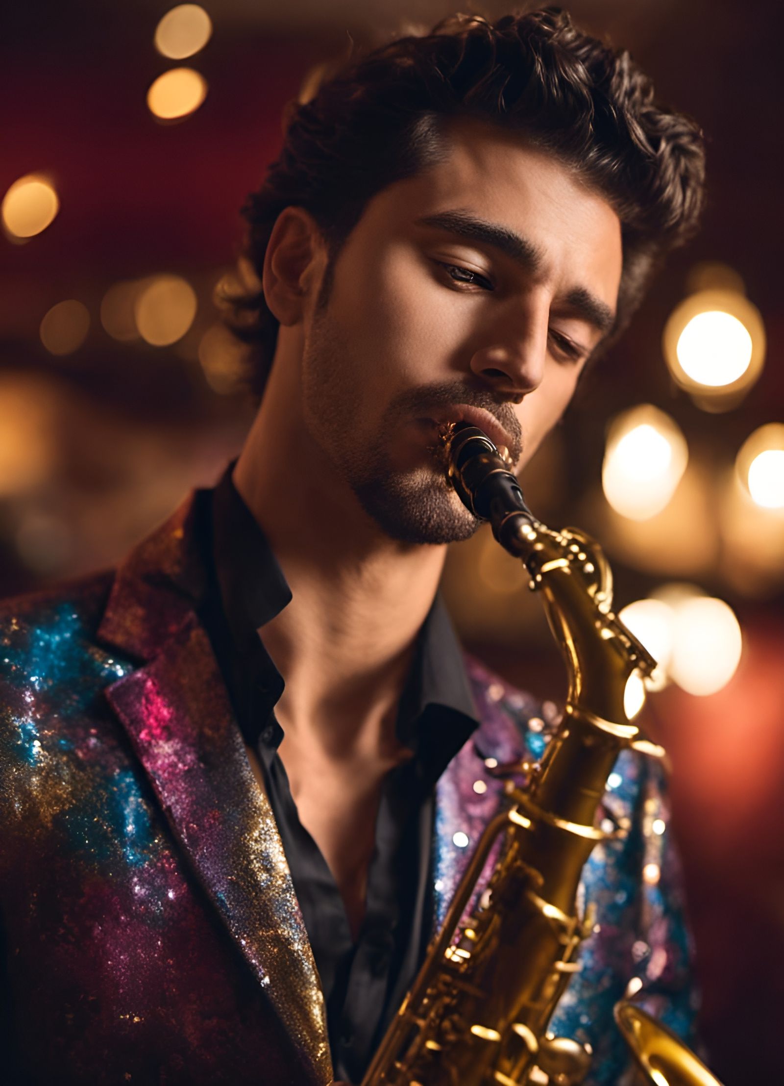Sultry Latin Jazz Icon in Elegant Attire Plays Saxophone