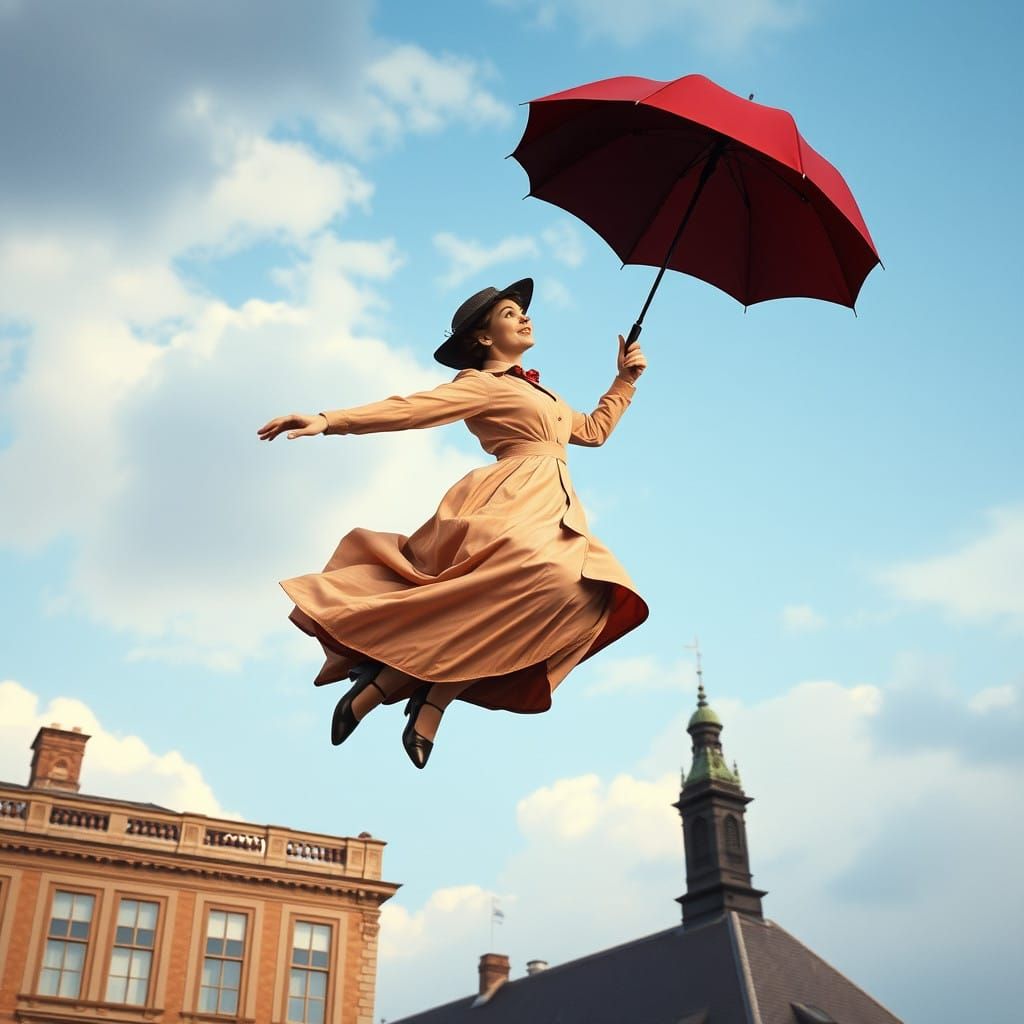 Gentle 20th Century Woman Descends with Elegant Umbrella
