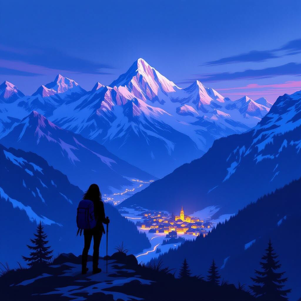 Female Hiker Silhouetted on Alpine Ridge at Night