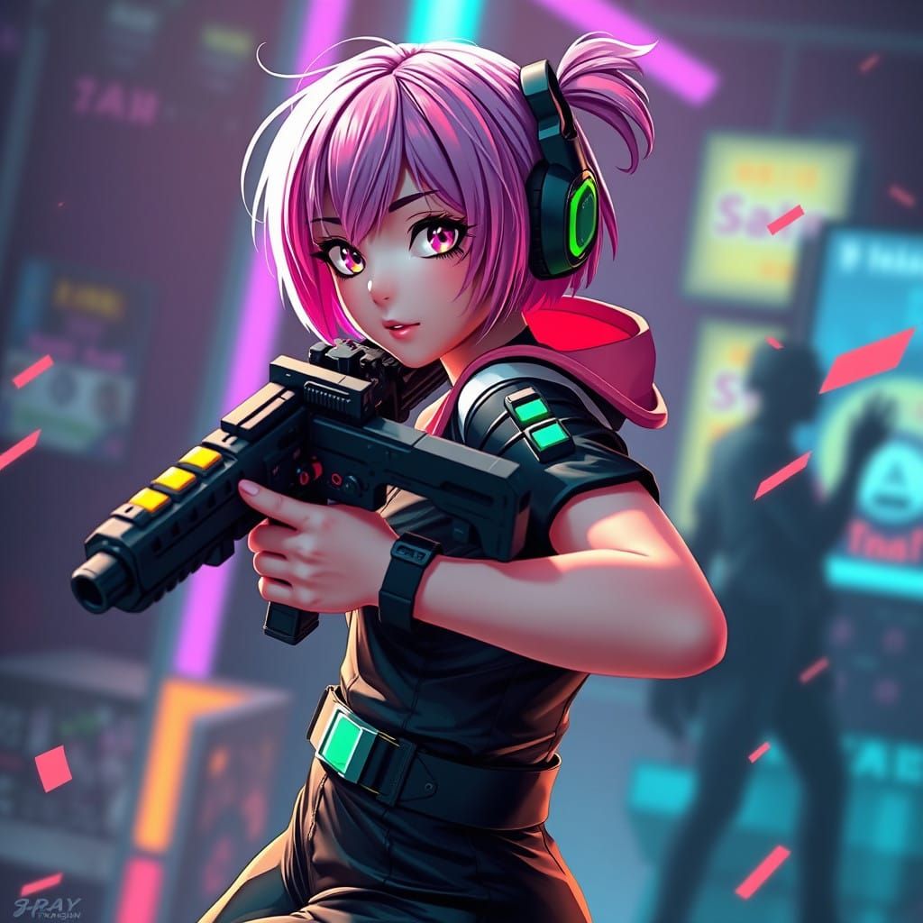 Girl in Futuristic Black Jumpsuit Dancing with Submachine Gu...