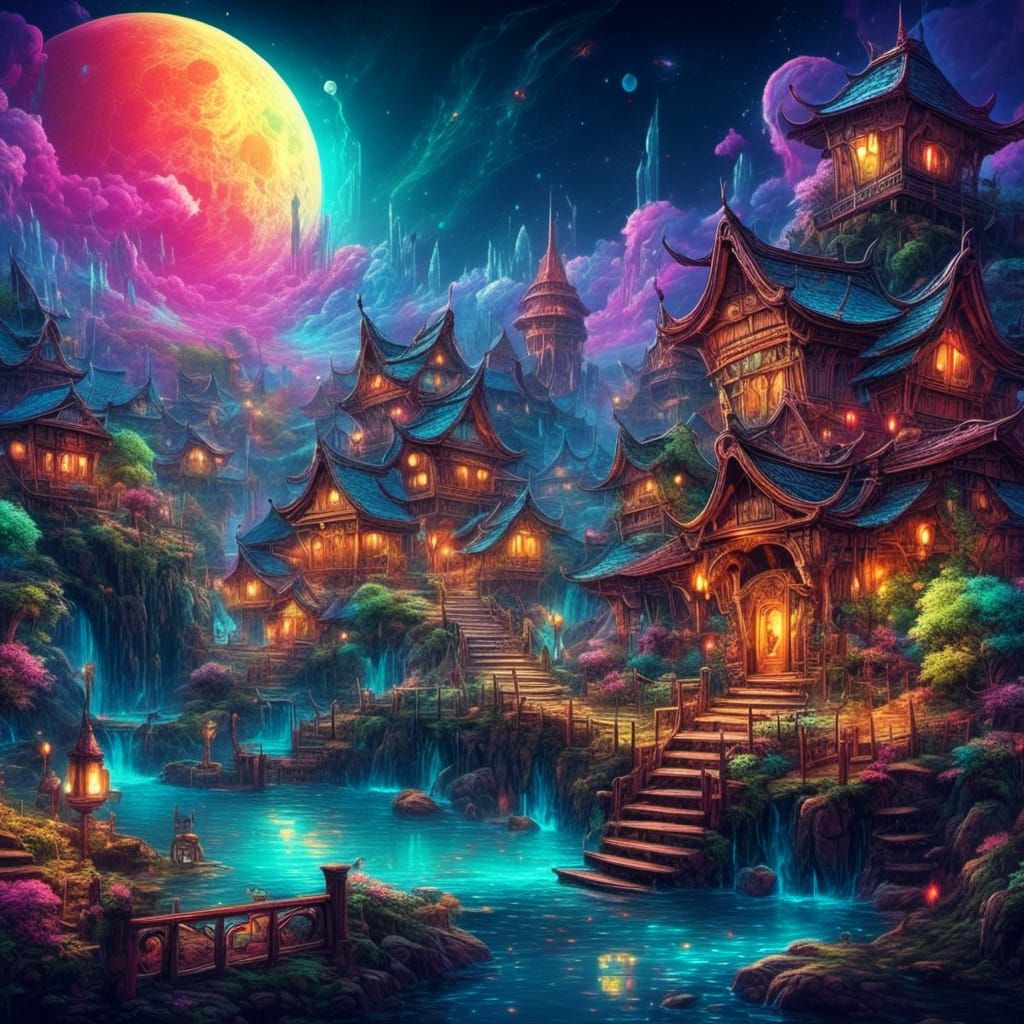 Luminous Lunar Village in Vibrant Splash Colors