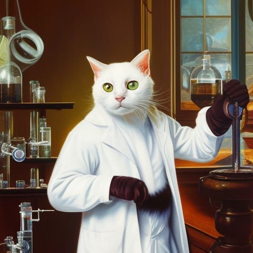 Cyberpunk Feline Genius Concocts Chaos in a Laboratory