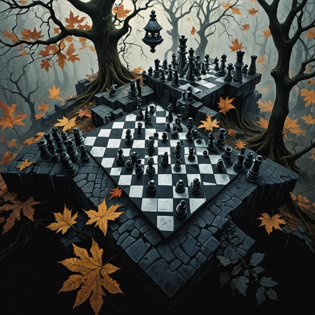 Surreal Autumn Chess Board Puzzle in Dreamlike Forest