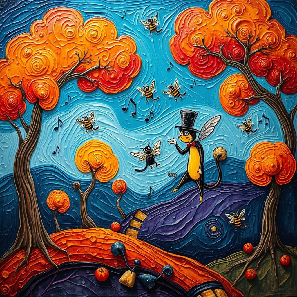 Whimsical Landscape: Tea Bees and Top-Hatted Cats