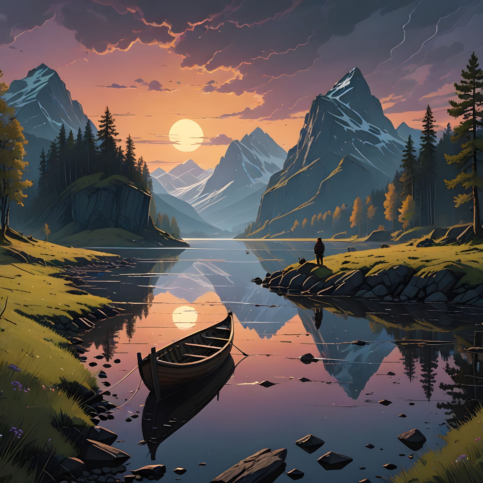 Nordic Fjord Sunset with Viking Dragonboat and Northern Ligh...