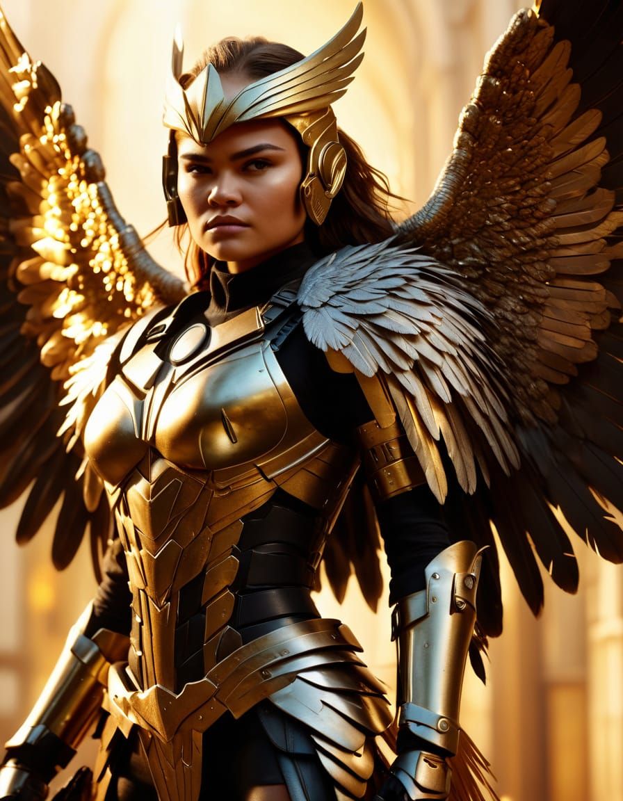 Hawkgirl in Flight, DC Superheroine with Feathers and Armor