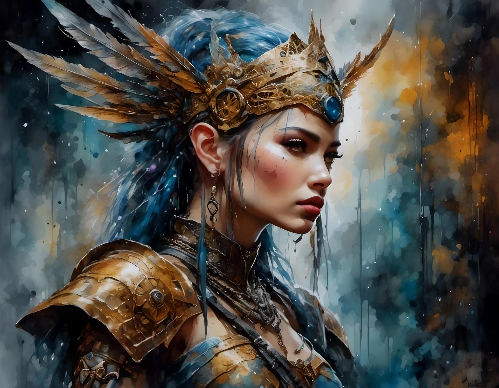 Surreal Watercolor Painting of a Warrior Queen in Dark Fanta...