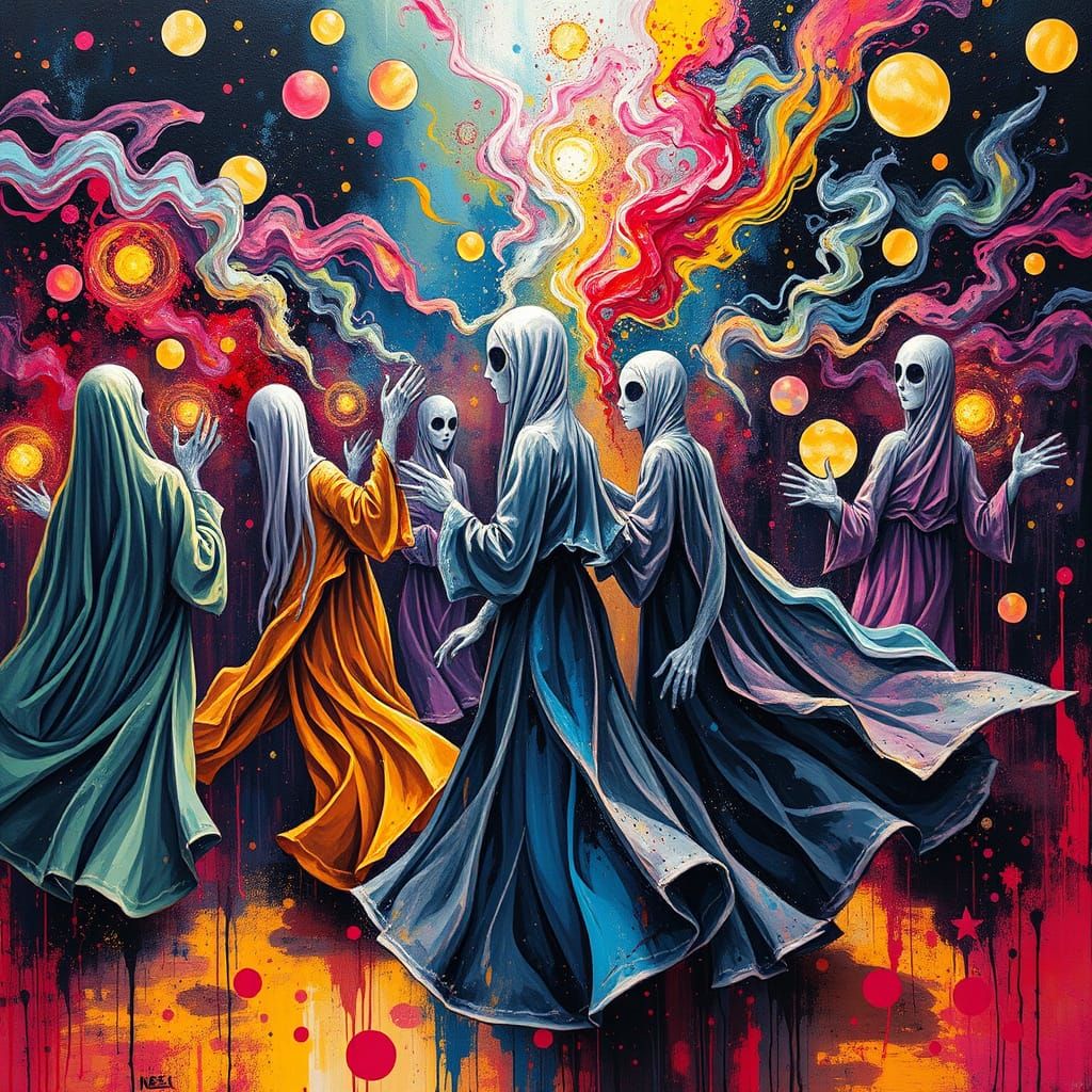 Ghostly Figures Dancing in Vibrant Perfume Swirls