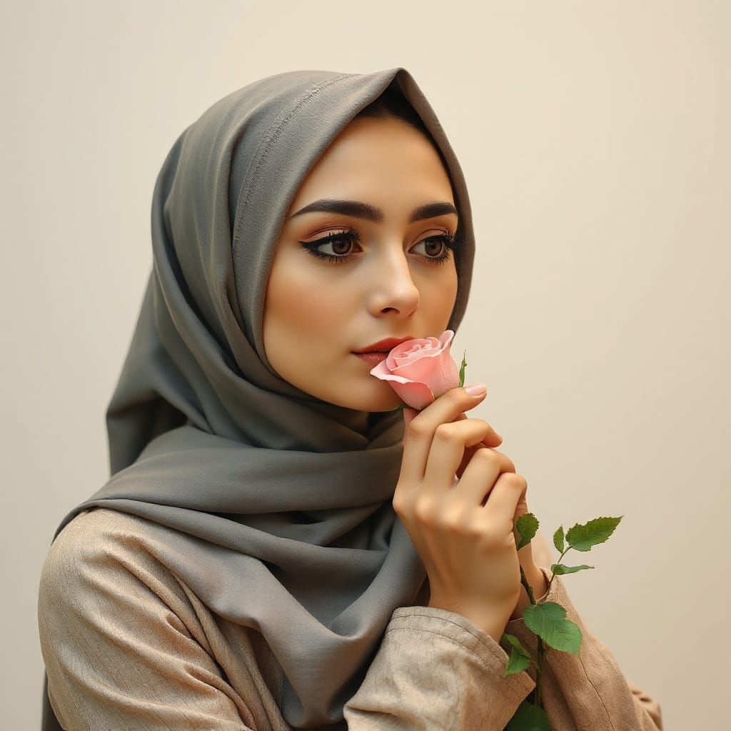 Muslim Woman Smelling Rose in Serene Watercolor Style