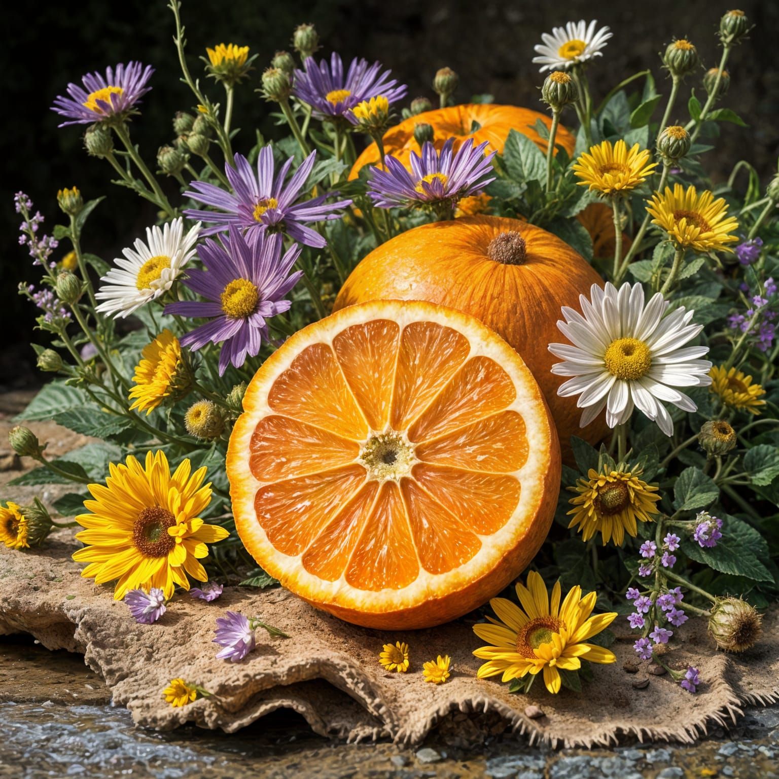 Summer's Farewell Still Life with Orange and Wildflowers