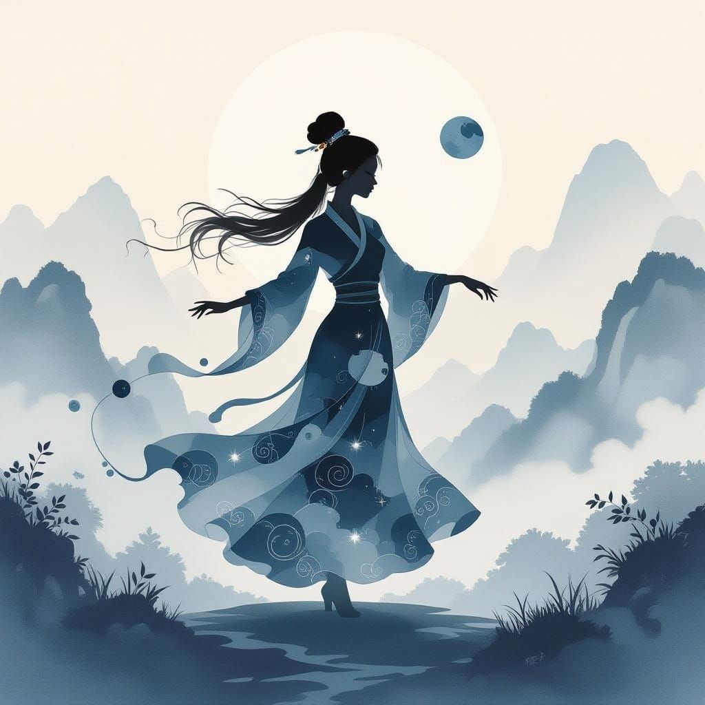 Dancing Ink Silhouette in Serene Mountain Landscape