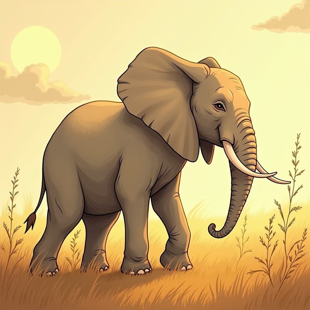 Majestic Long-Nosed Elephant Takes First Steps on Sun-Kissed...