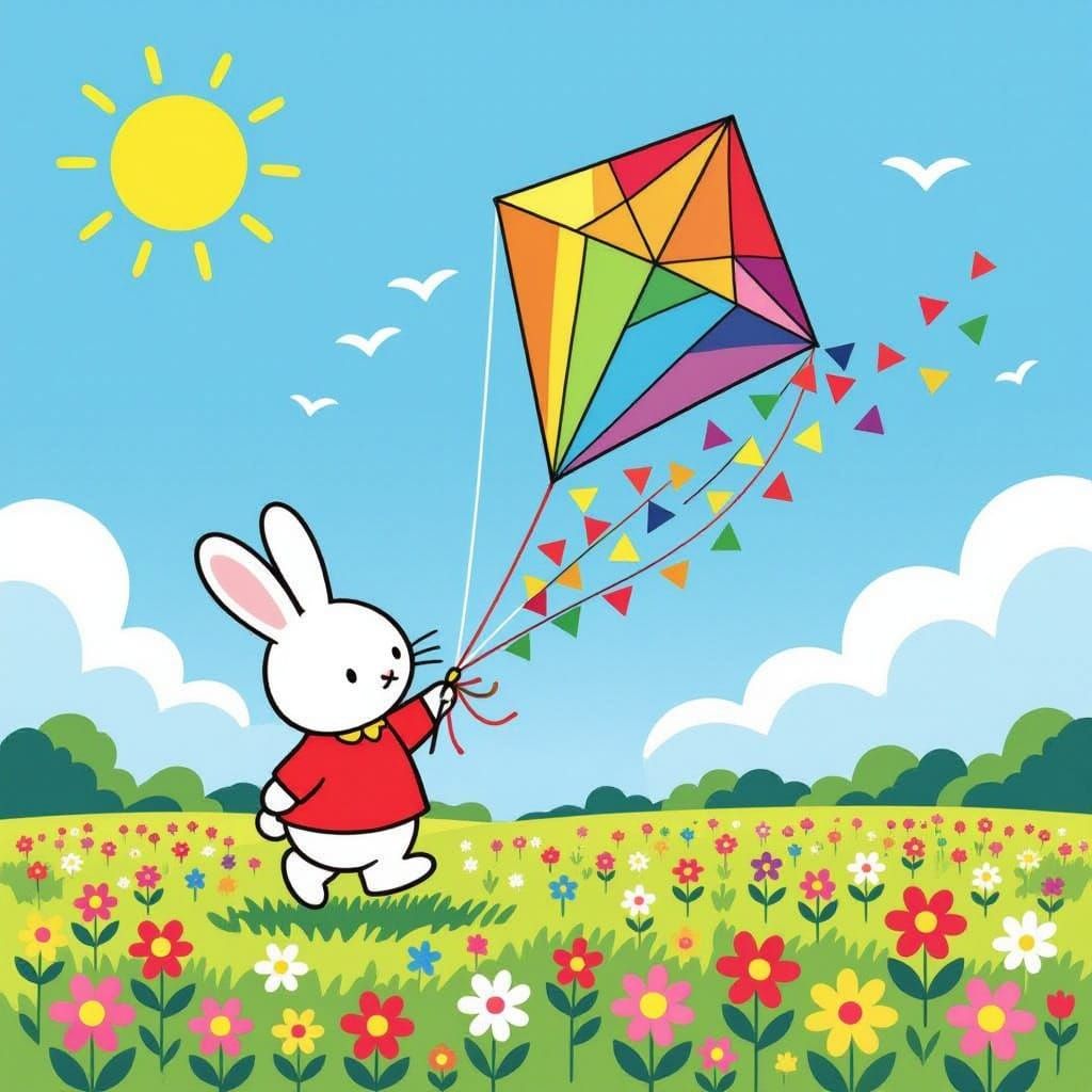 Miffy Rabbit Flies Rainbow Kite in Sunny Flower Field