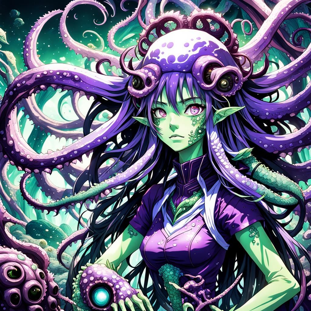 Hyperrealistic Anime Girl with Vivid Purple Tentacles and Sh...