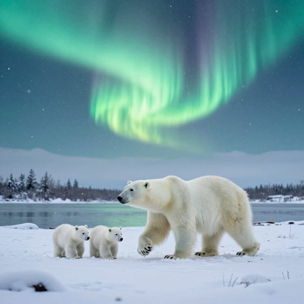 Polar Bears Under Aurora Borealis in Snowy Landscape