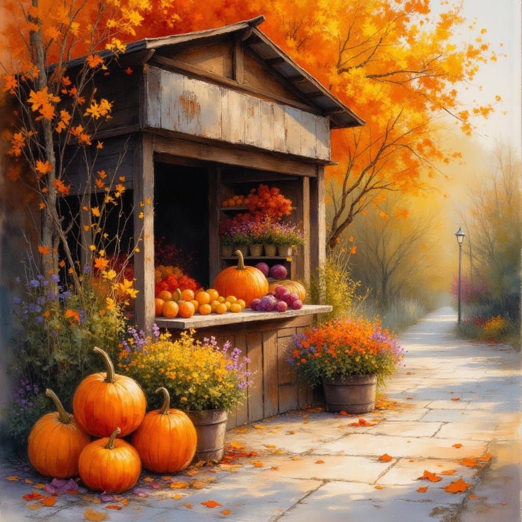 Autumn Fruit Stand in Impressionistic Style