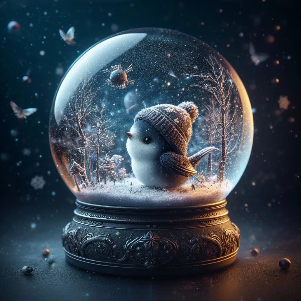 Magical Winter Scene with Beanie-Wearing Bird in a Dark Fant...