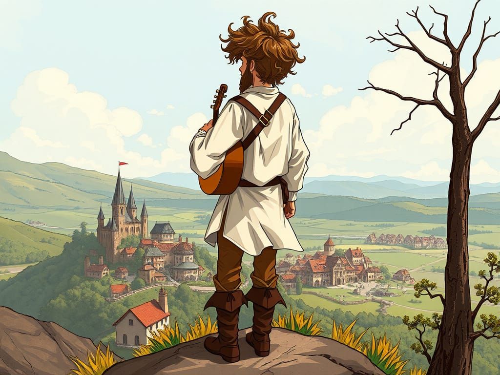Fantasy Bard Looks Down Upon Enchanted Village in Whimsical ...