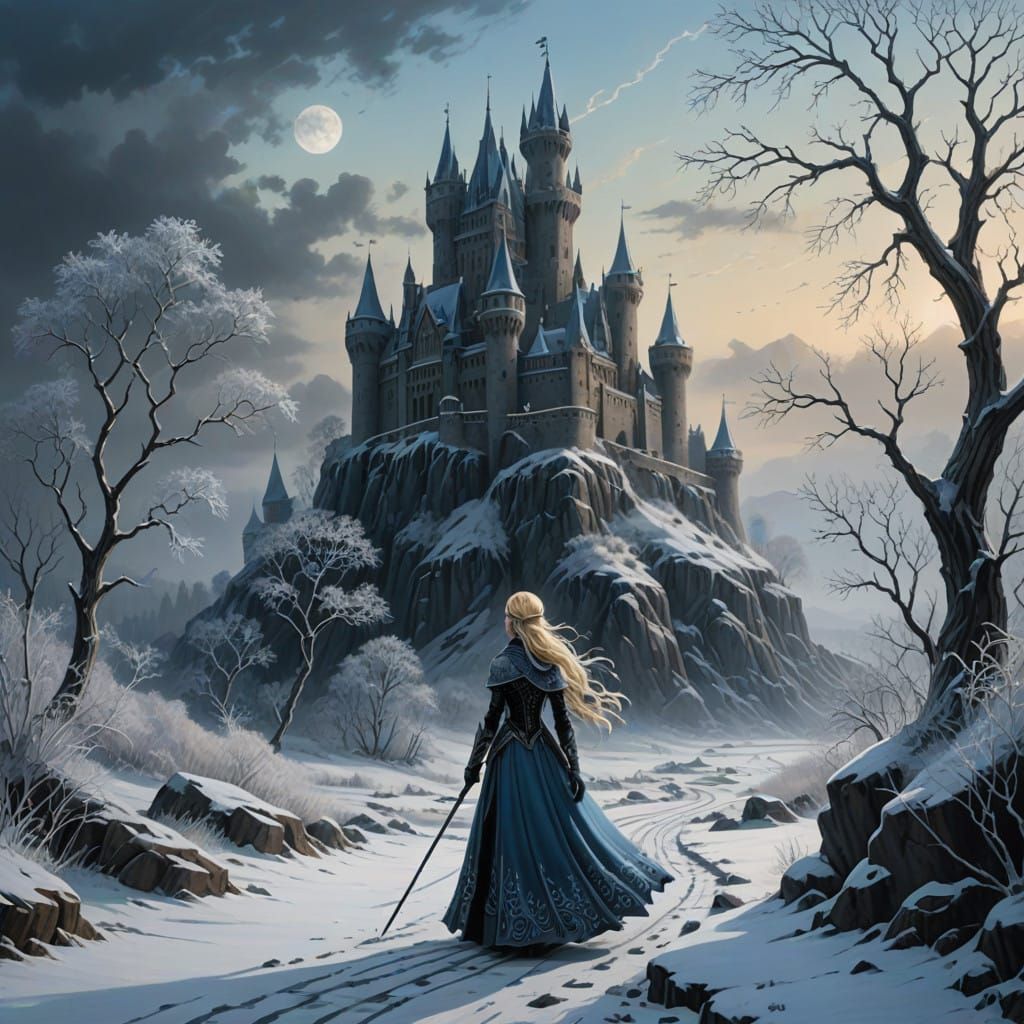 Crystal Ice Queen in Frost-Kissed Dystopia with Gothic Castl...