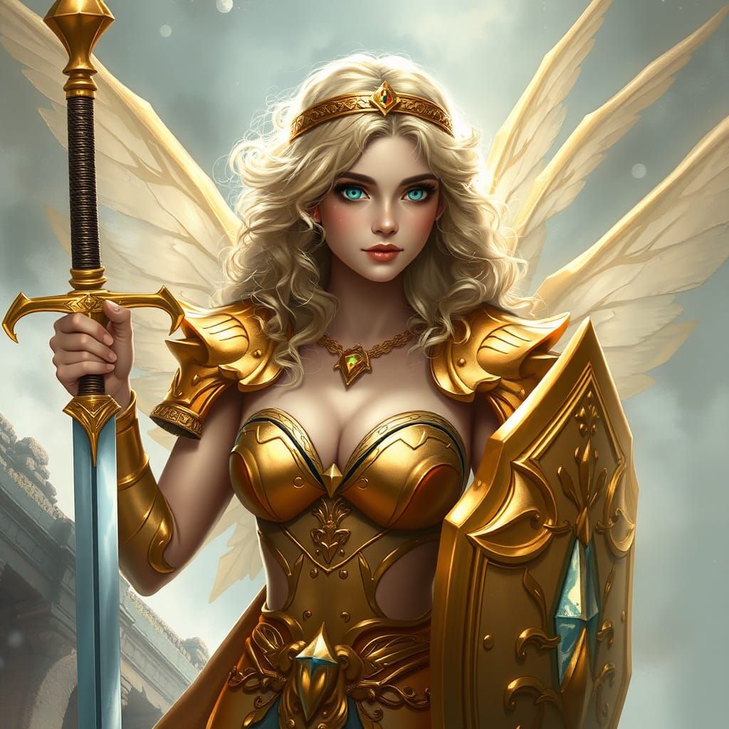 Ethereal Fantasy Warrior in Golden Armor with Diamond Sword...