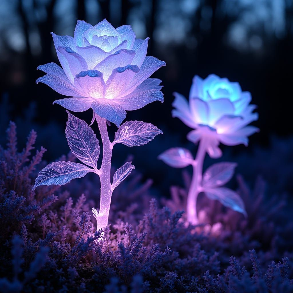 Crystal Rose Sculptures in a Magical Garden