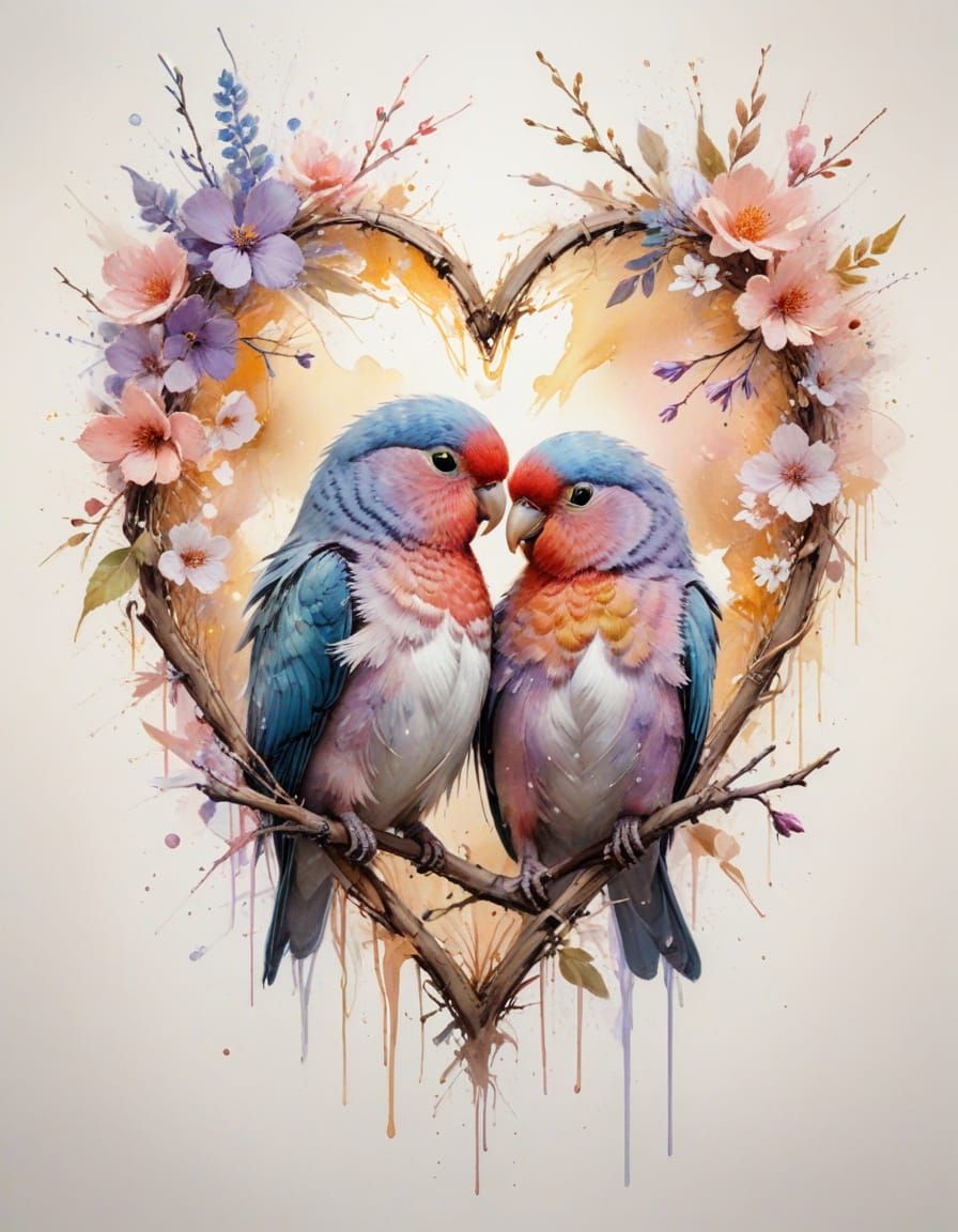 Lovebirds in Watercolour with Pastel Blossoms