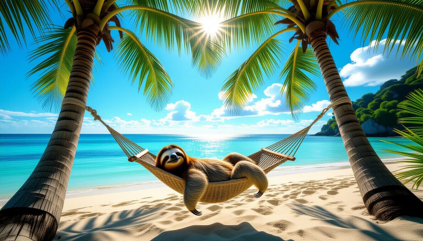Sloth Napping in Hammock on Desert Island