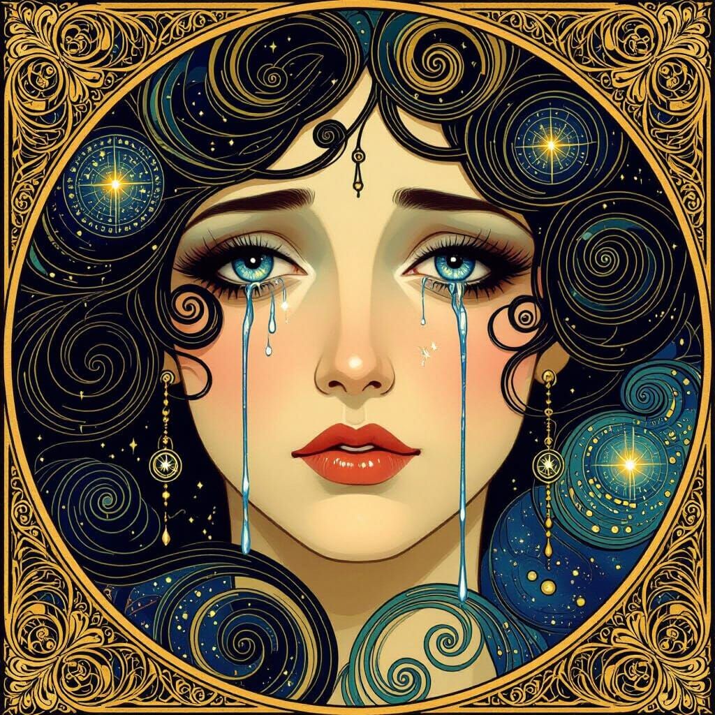 Fractal Woman Crying Tears of Stardust in Art Nouveau
