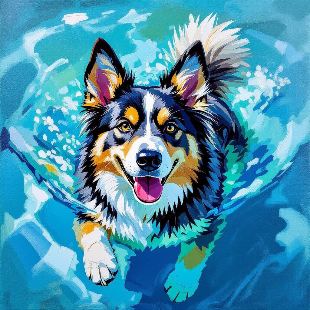 Cute German Shepherd Husky Mix Swimming in Pool Oil Painting