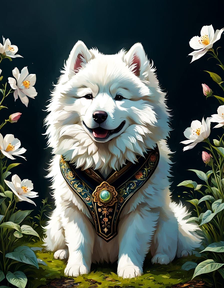 Whimsical Springtime Samoyed in Digital Art
