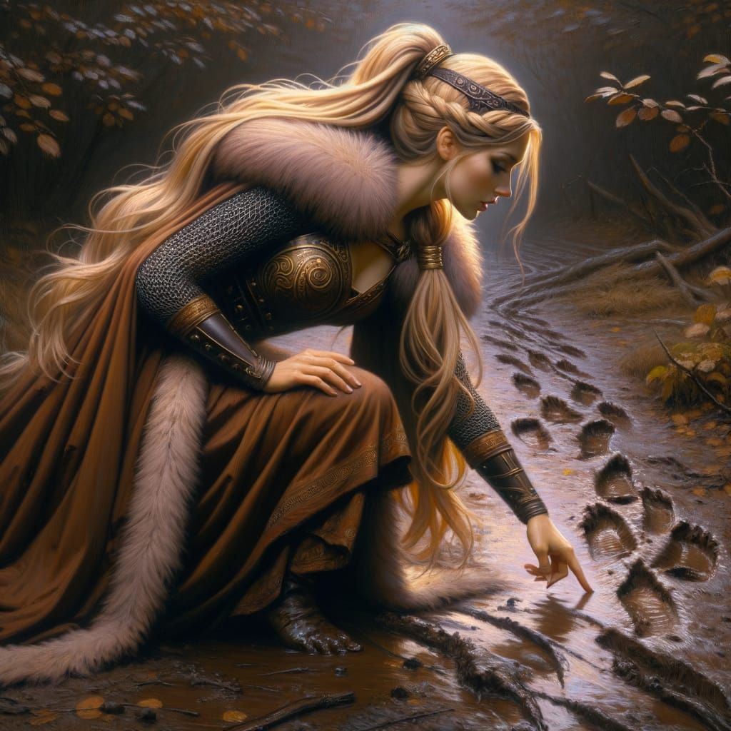 Nordic Goddess Inspects Forest Trail in Oil Painting