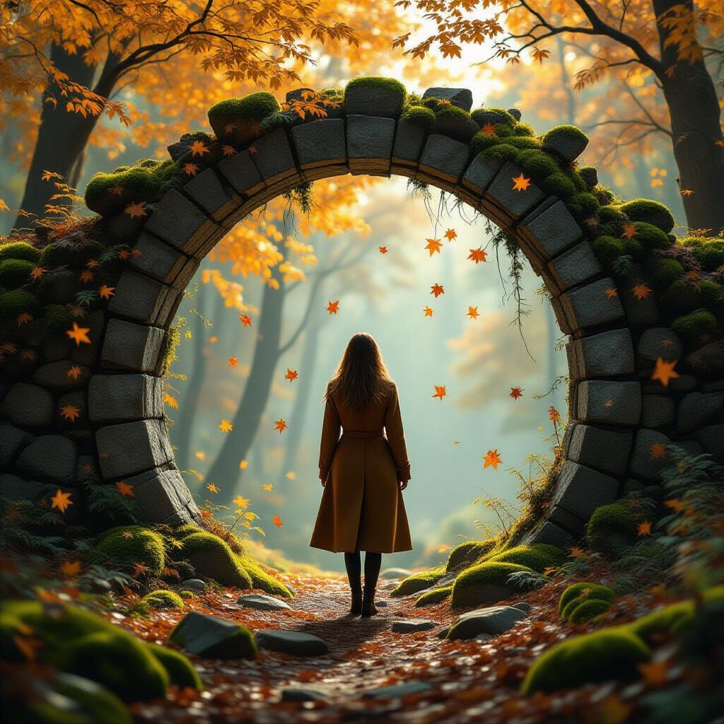 Woman at Mossy Archway in Autumn Forest