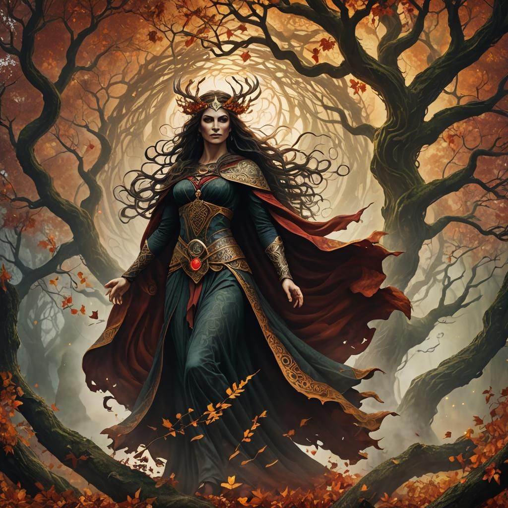 Mystical Celtic Goddess in Autumn Vortex