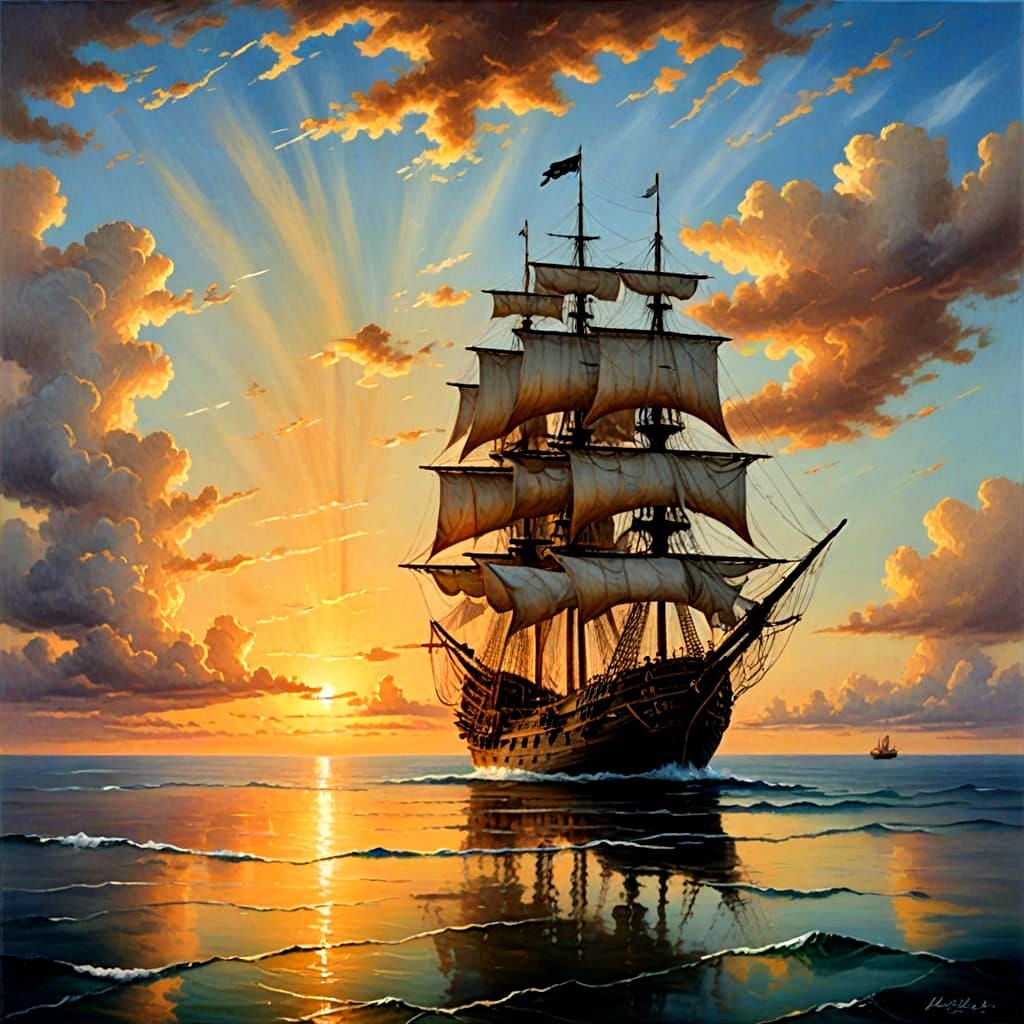 Majestic Sunset with Vintage Pirate Ship