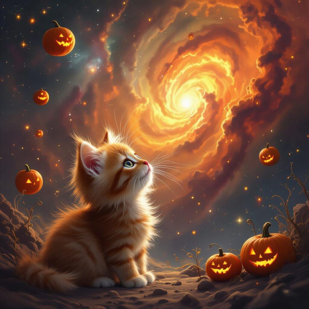 Fluffy Kitten Gazes at Autumn Nebula Digital Art