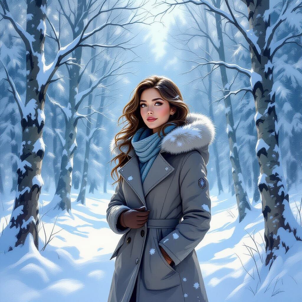 Serene Woman in Snowy Forest, Whimsical Art Style