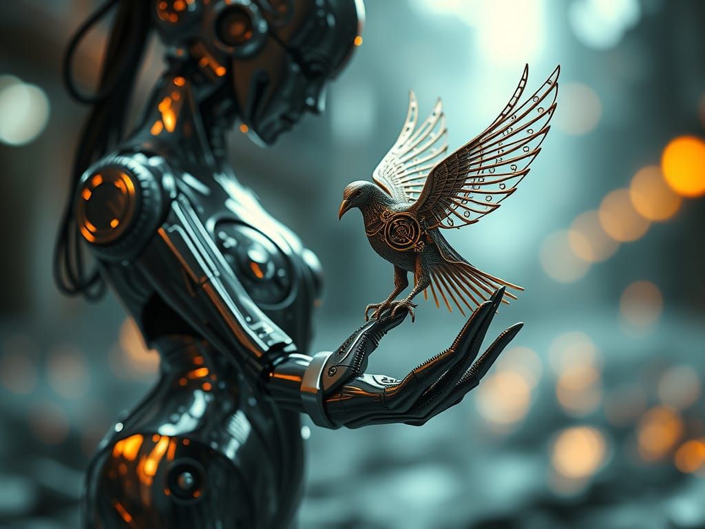 Steampunk Android Maiden with Mechanical Dove