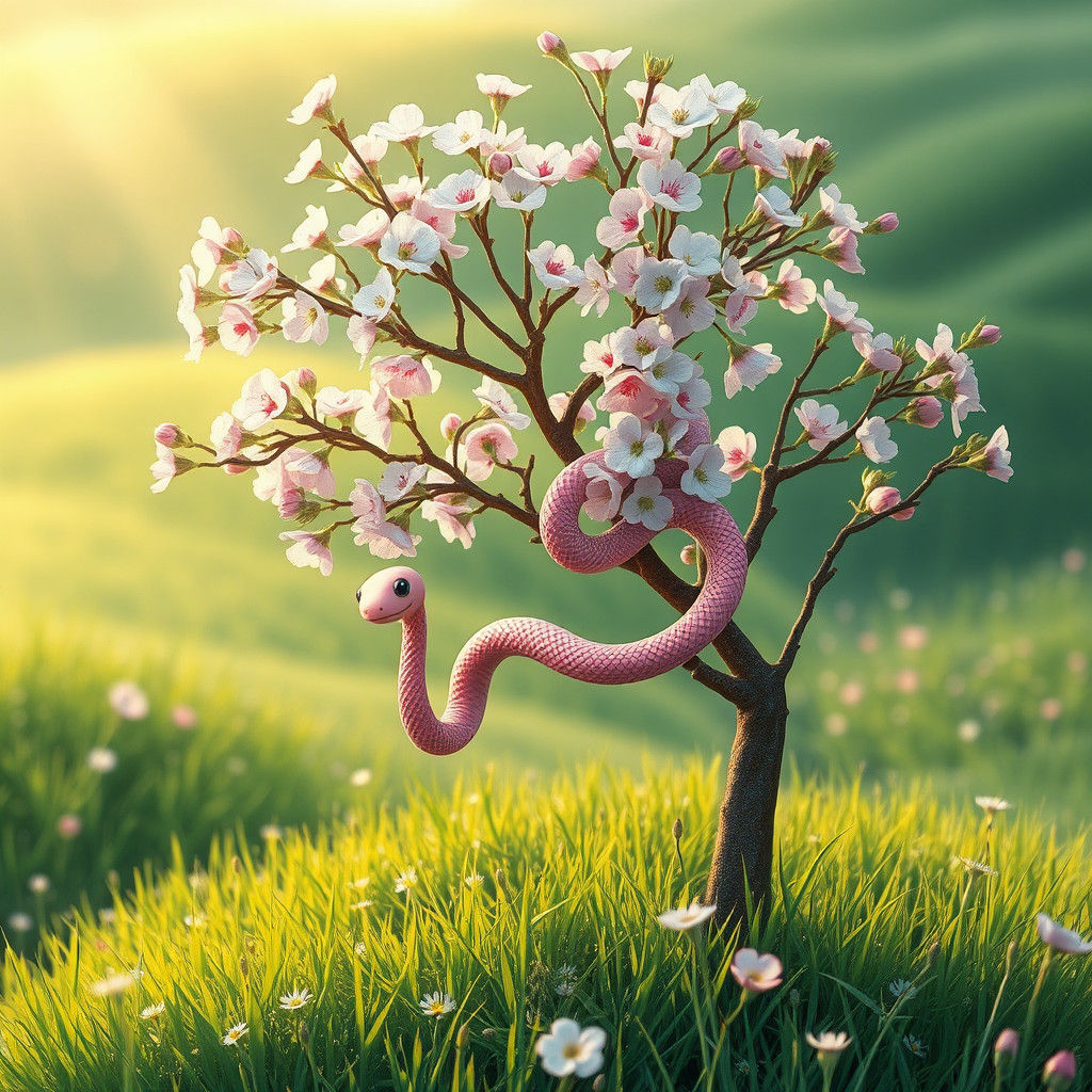 Charming Pink Snake Encircles Delicate Cherry Blossoms in a....