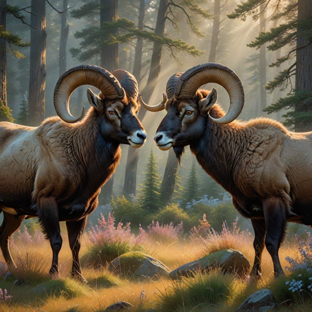 Ethereal Bighorn Rams in a Misty Meadow