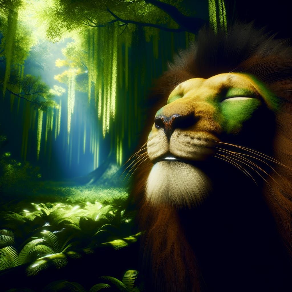 Serene Lion Basking in Forest Sunlight as Matte Painting